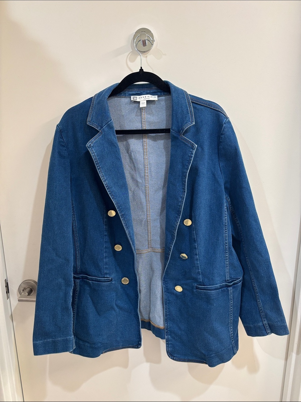 Anne Klein Medium Blue Denim Double-Breasted Blazer with Gold Buttons
